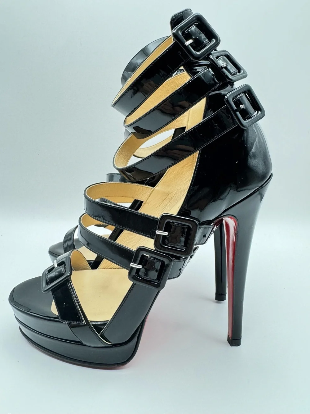 Christian Louboutin Differa 140 Black Patent Leather Multi Buckle Platform 36.5